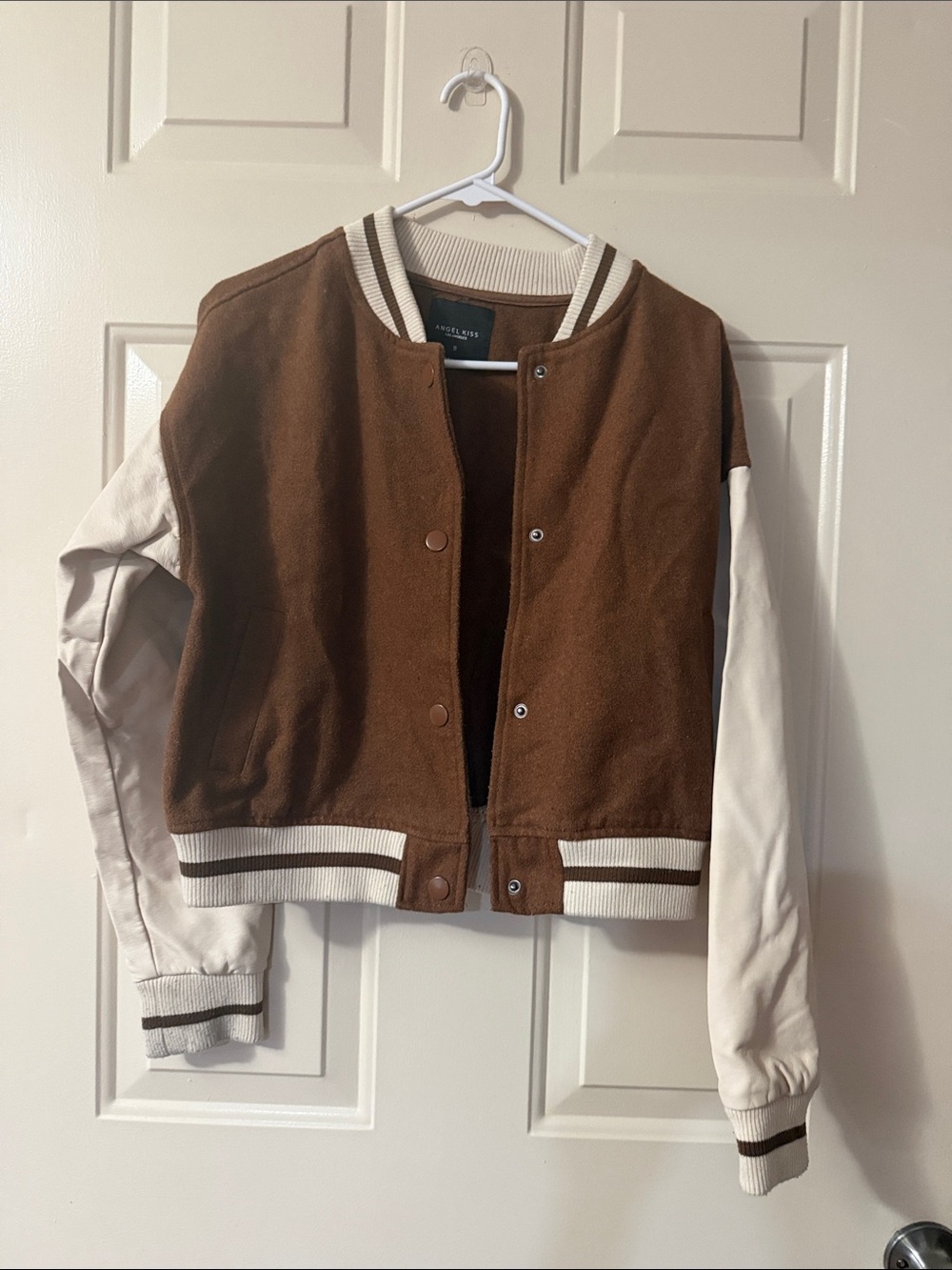 Cropped Brown and Cream Varsity Jacket - junior’s